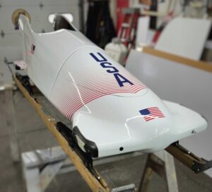 White USA bobsled with American flag