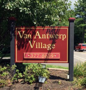 Red Van Antwerp Village entrance sign